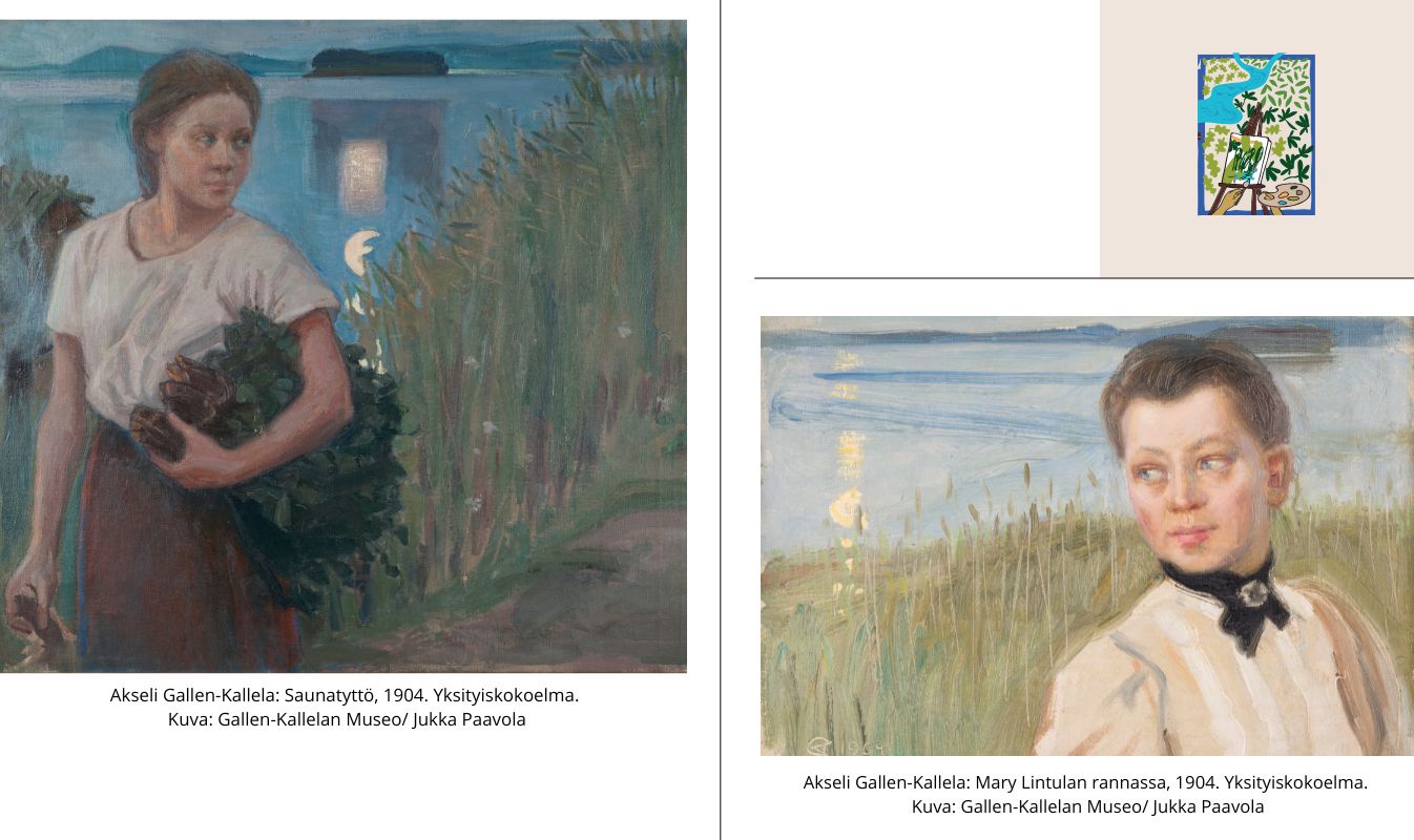 Two images: Akseli Gallen‑Kallela’s paintings Sauna Girl and Mary on the Lintula shore.