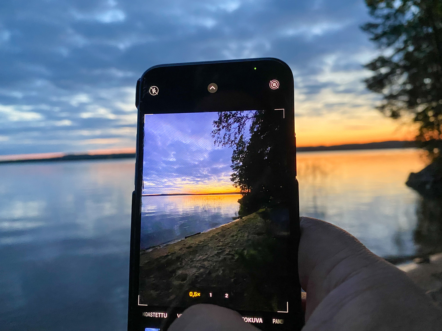 A landscape being photographed with a mobile phone
