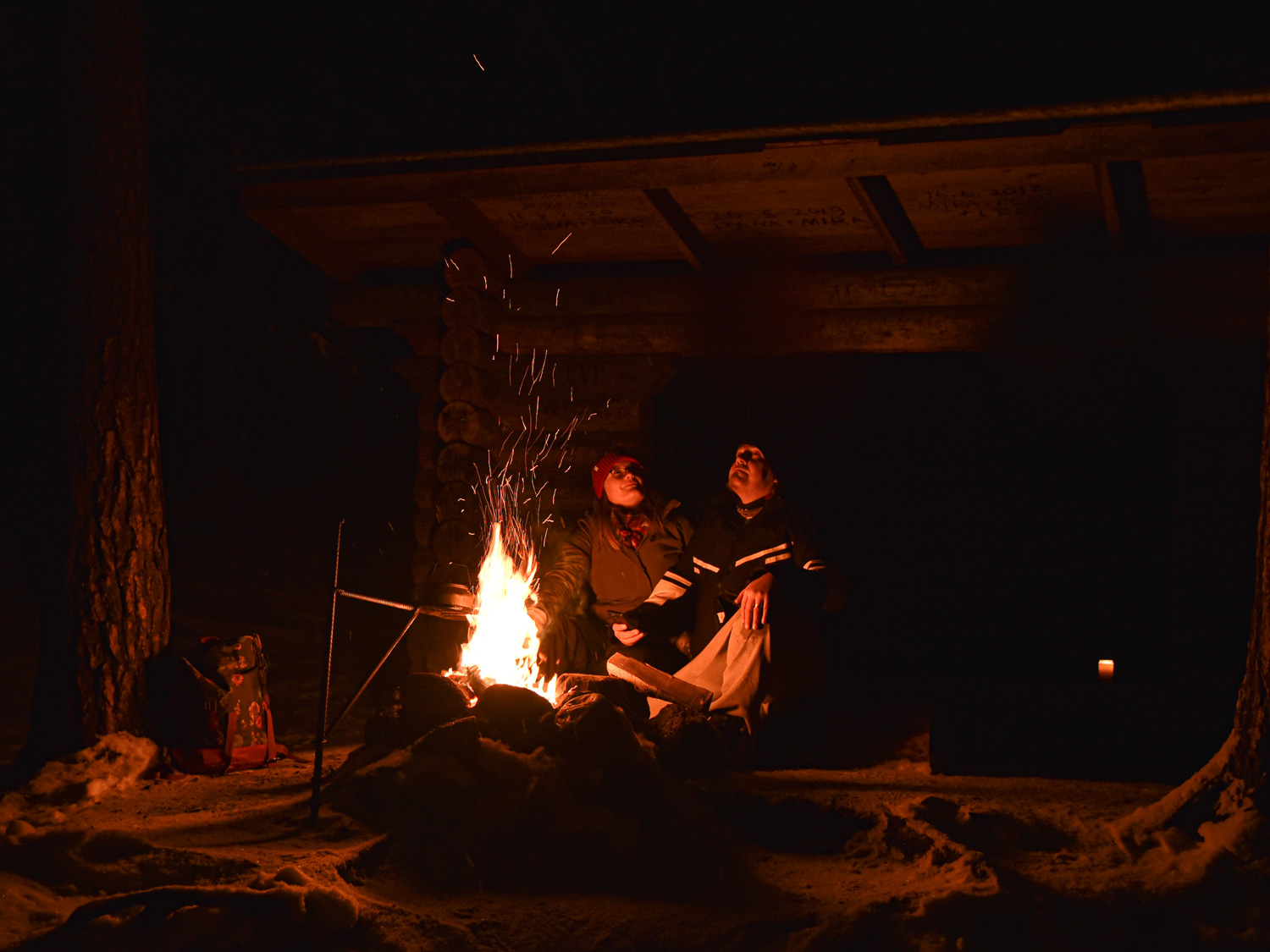 Two hikers in a lean-to
