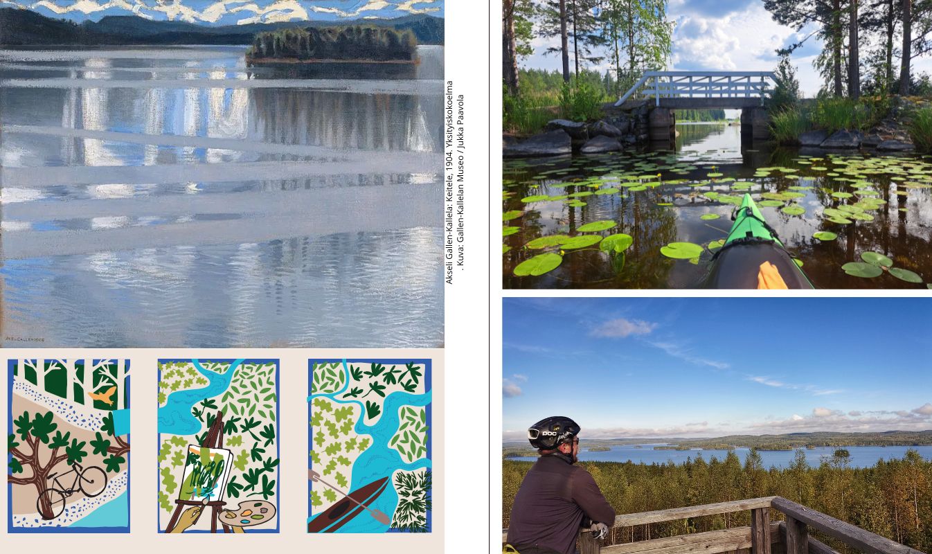 A collage with an image of Akseli Gallen‑Kallela’s Keitele painting, a kayak gliding on the lake towards a bridge, and a cyclist standing in a lookout tower. Route logos.
