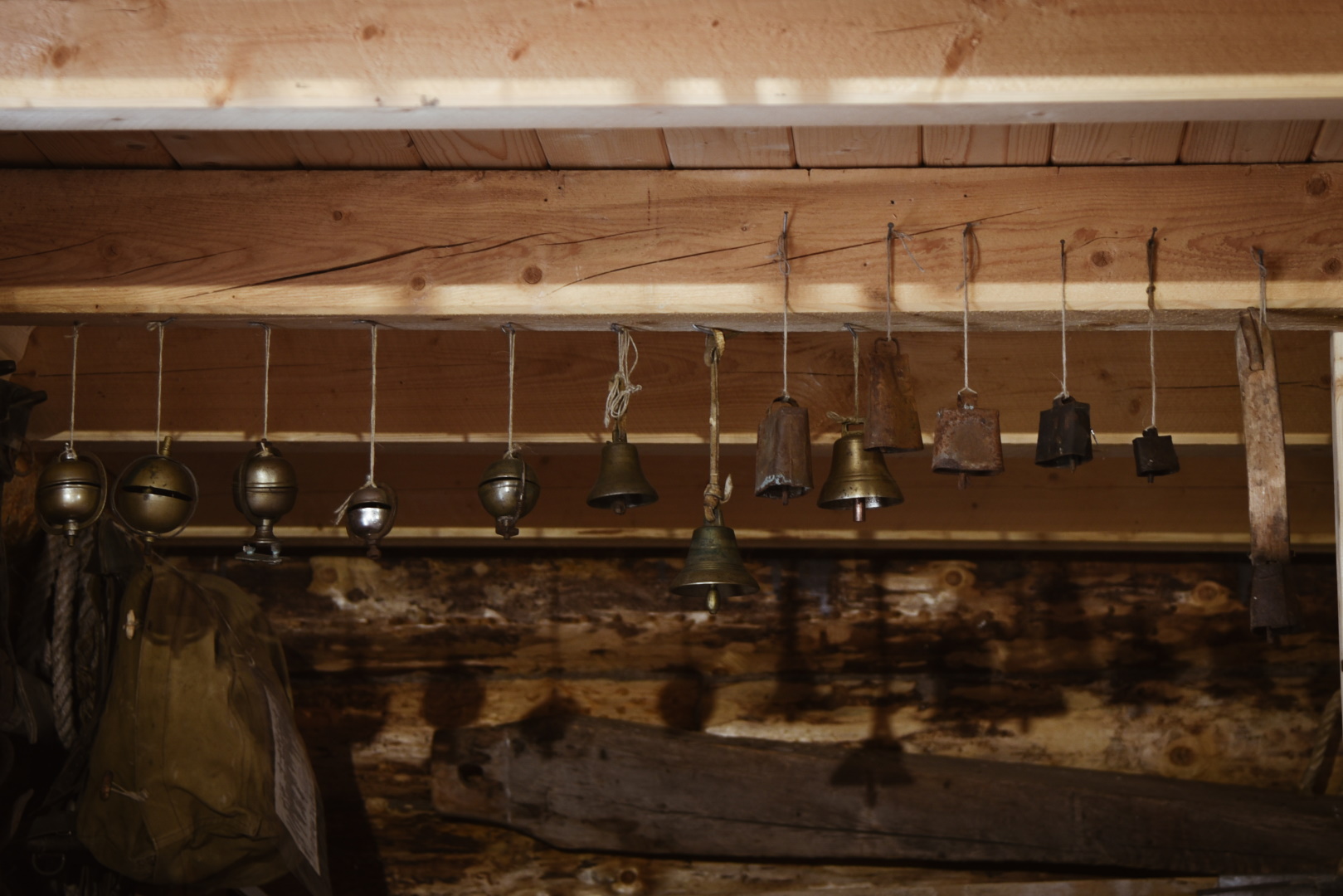 Bells hanging from the ceiling.