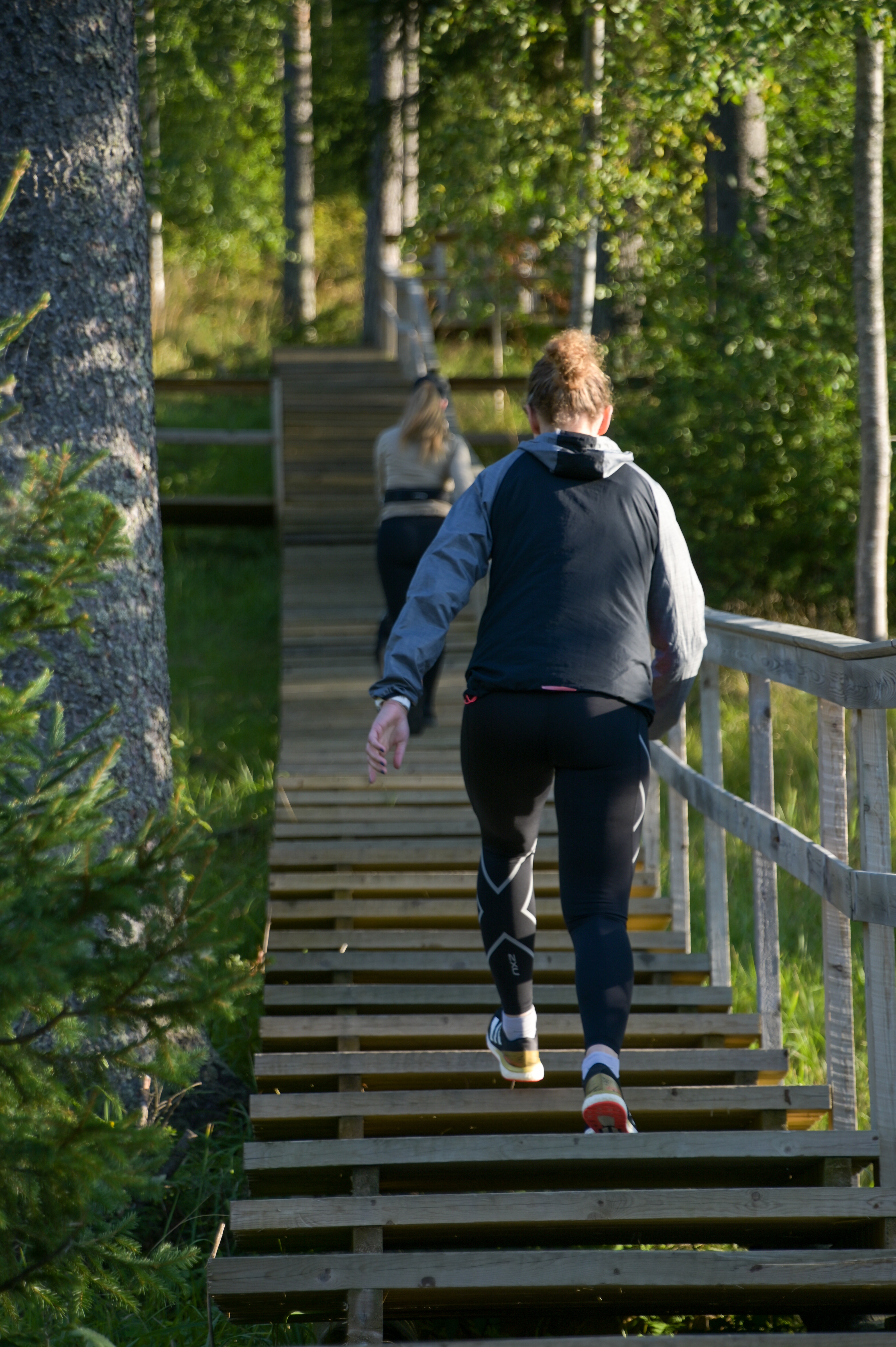 Two women climbing fitness stairs
