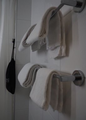 Photo of shower facilities with towels on the shower rail.
